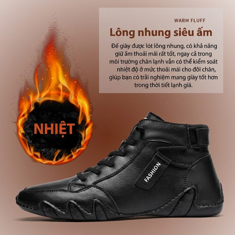Giày Cao Cổ Nam Da Bóng Lót Lông Chiều Cao Đế Khoảng 3cm Màu Đen, Trắng