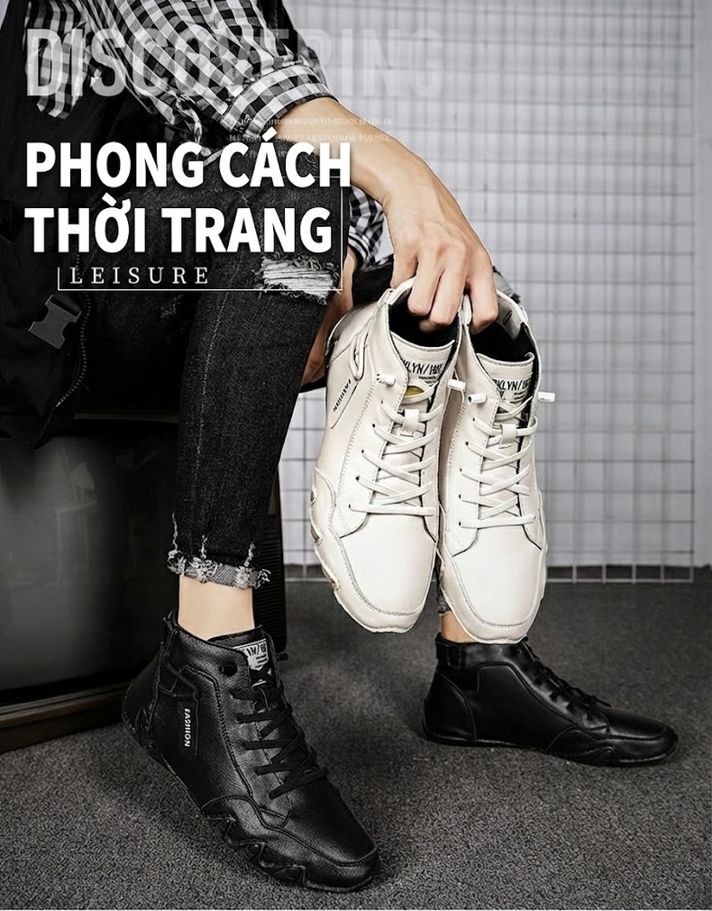 Giày Cao Cổ Nam Da Bóng Lót Lông Chiều Cao Đế Khoảng 3cm Màu Đen, Trắng chi tiết 2