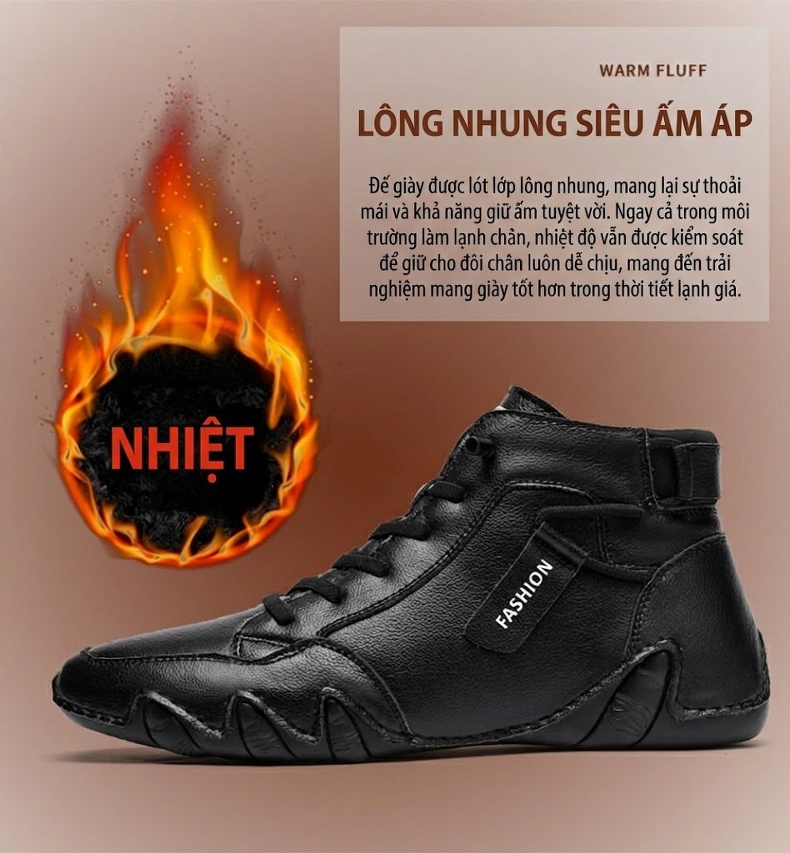Giày Cao Cổ Nam Da Bóng Lót Lông Chiều Cao Đế Khoảng 3cm Màu Đen, Trắng chi tiết 11