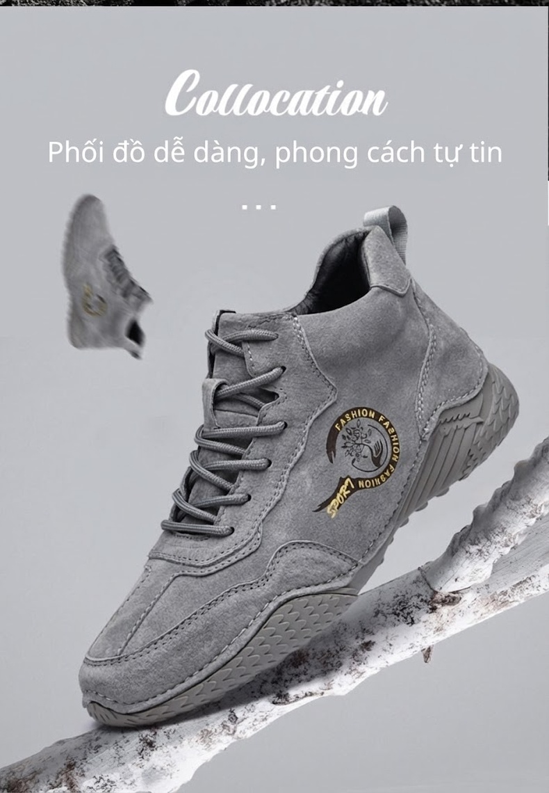 Giày Cao Cổ Nam Da Mờ Lót Lông Đi Mùa Đông Chiều Cao Đế Khoảng 3cm Màu Kem, Xám, Đen chi tiết 2