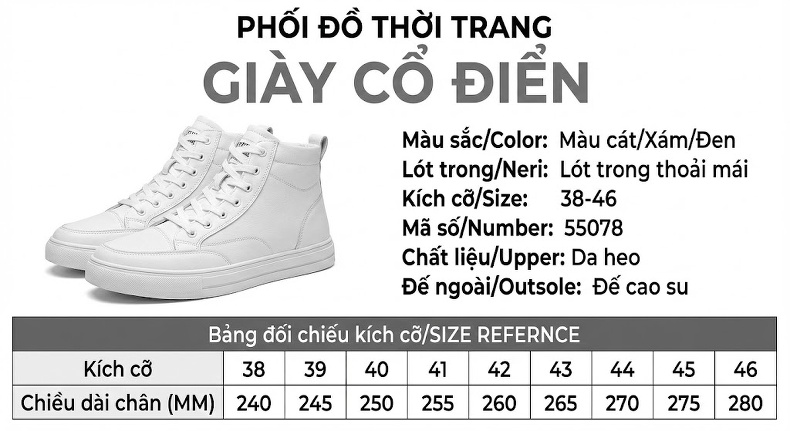 Giày Cao Cổ Nam Da Mờ Lót Lông Đi Mùa Đông Chiều Cao Đế Khoảng 3cm Màu Kem, Xám, Đen chi tiết 5