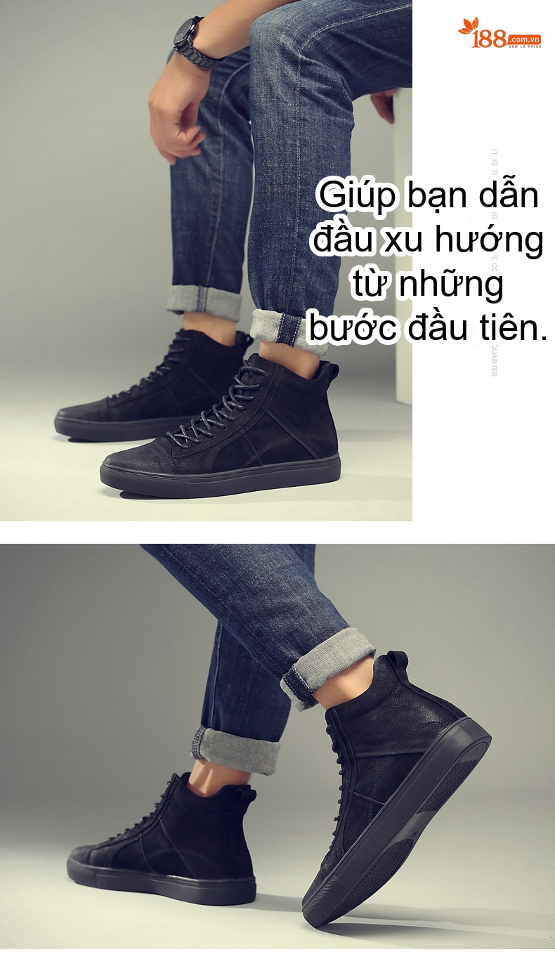 Giày Cao Cổ Nam Da Thật Dây Buộc Phong Cách Anh Chiều Cao Đế Khoảng 3cm Màu Đen chi tiết 8