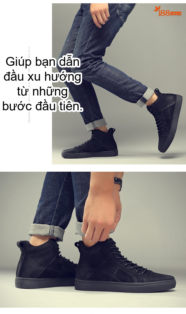 Giày Cao Cổ Nam Da Thật Dây Buộc Phong Cách Anh Chiều Cao Đế Khoảng 3cm Màu Đen chi tiết 9