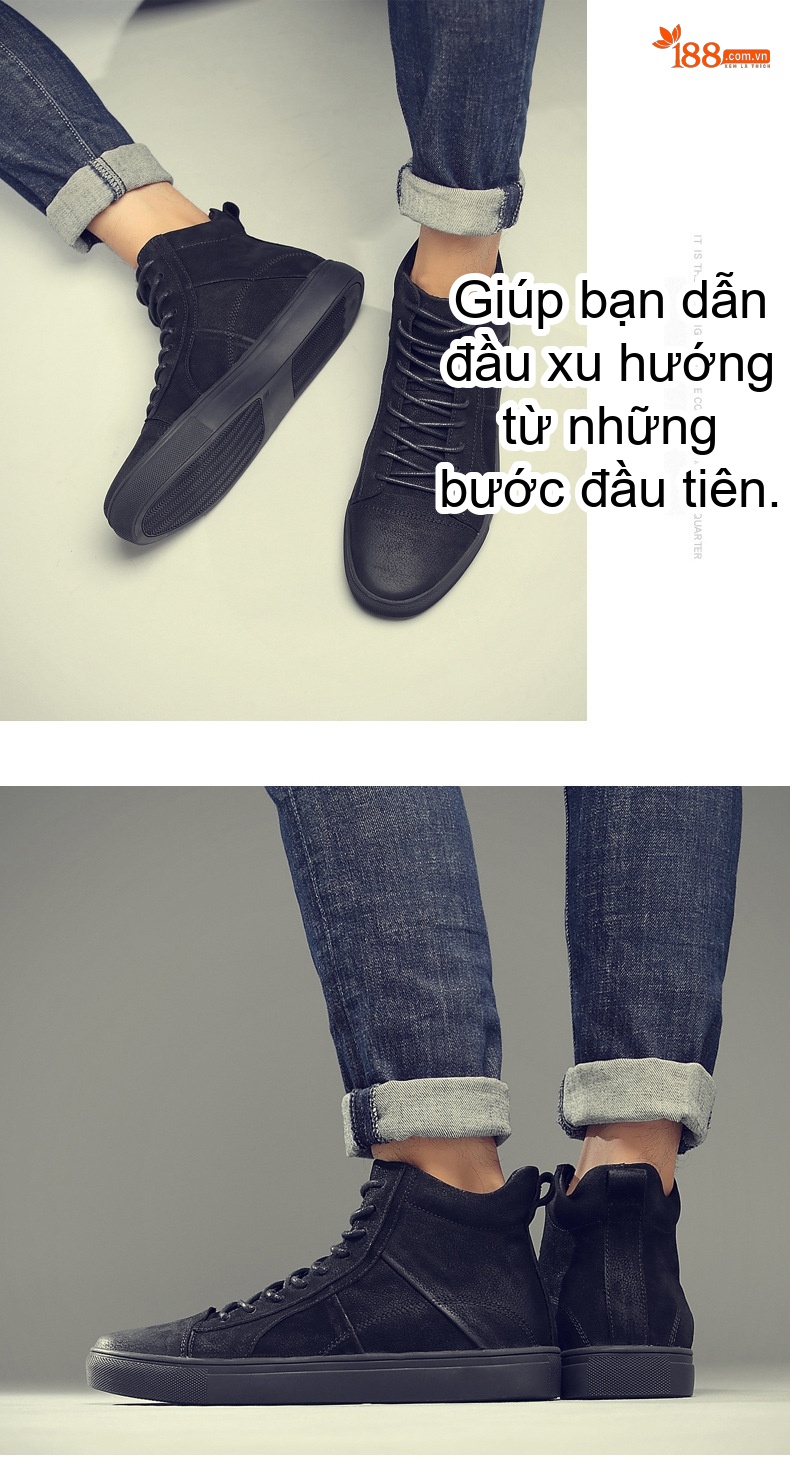 Giày Cao Cổ Nam Da Thật Dây Buộc Phong Cách Anh Chiều Cao Đế Khoảng 3cm Màu Đen chi tiết 10