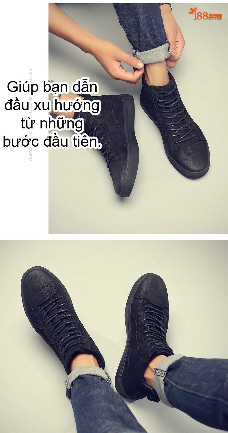 Giày Cao Cổ Nam Da Thật Dây Buộc Phong Cách Anh Chiều Cao Đế Khoảng 3cm Màu Đen chi tiết 11