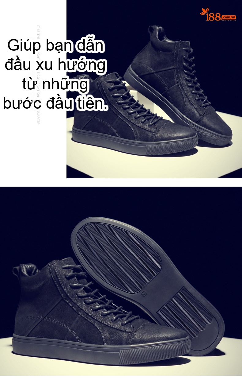 Giày Cao Cổ Nam Da Thật Dây Buộc Phong Cách Anh Chiều Cao Đế Khoảng 3cm Màu Đen chi tiết 14