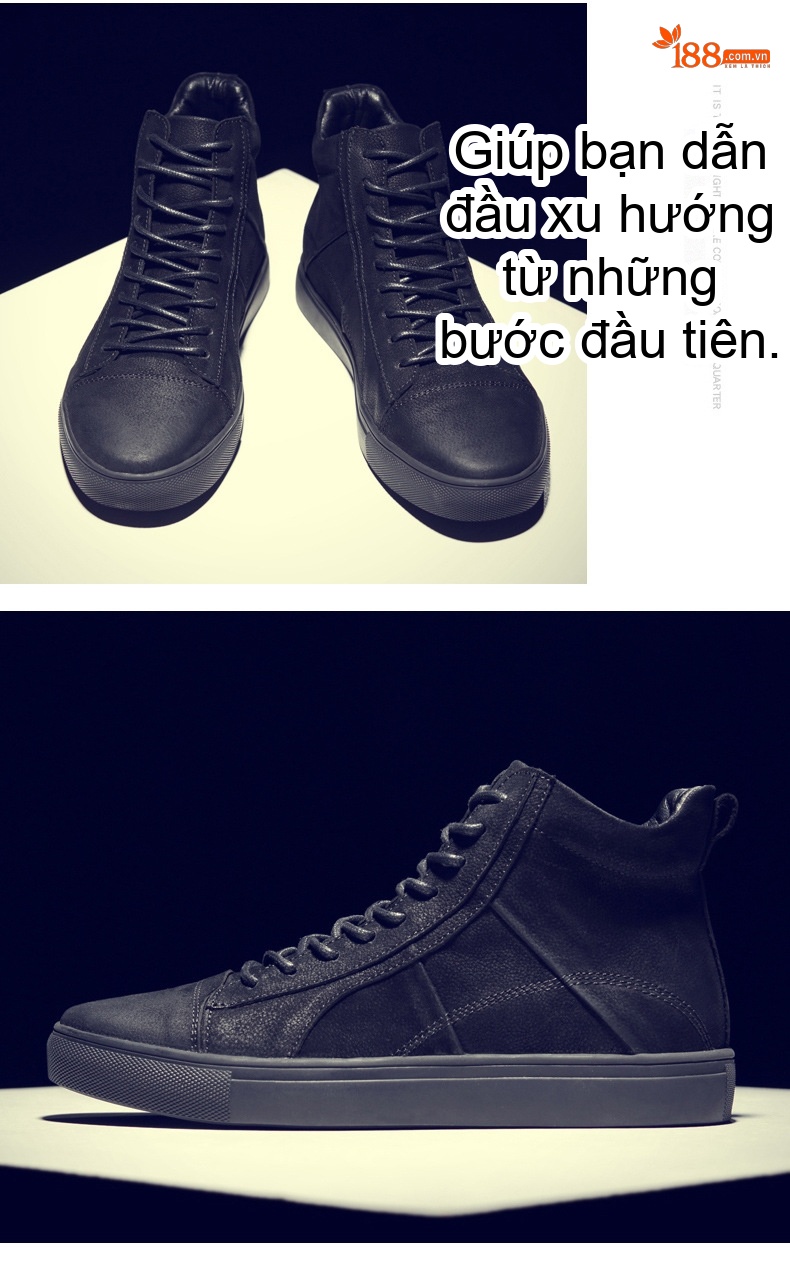 Giày Cao Cổ Nam Da Thật Dây Buộc Phong Cách Anh Chiều Cao Đế Khoảng 3cm Màu Đen chi tiết 15