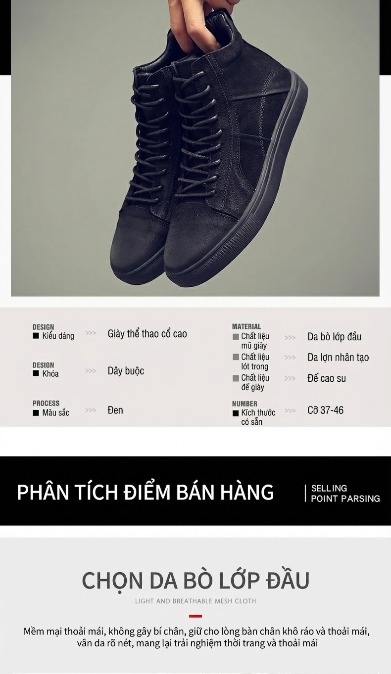 Giày Cao Cổ Nam Da Thật Dây Buộc Phong Cách Anh Chiều Cao Đế Khoảng 3cm Màu Đen chi tiết 4