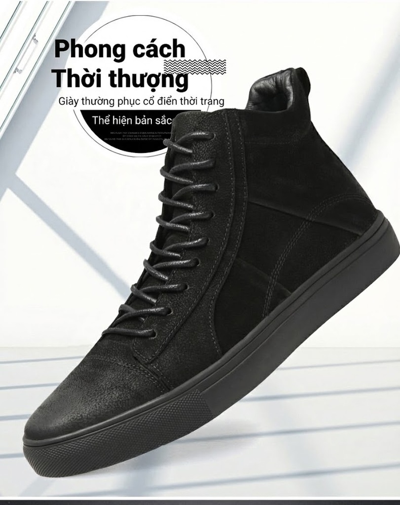 Giày Cao Cổ Nam Da Thật Dây Buộc Phong Cách Anh Chiều Cao Đế Khoảng 3cm Màu Đen chi tiết 1