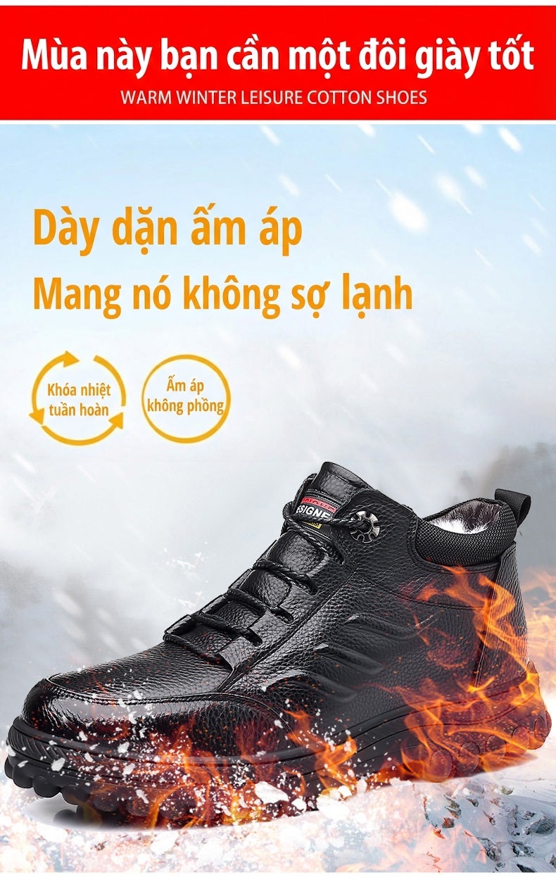 Giày Cao Cổ Nam Da Thật Lót Lông Cừu Giữ Ấm Chống Trượt Chiều Cao Đế Khoảng 4cm Màu Đen chi tiết 3