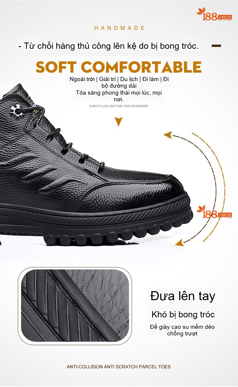 Giày Cao Cổ Nam Da Thật Lót Lông Cừu Giữ Ấm Chống Trượt Chiều Cao Đế Khoảng 4cm Màu Đen chi tiết 5