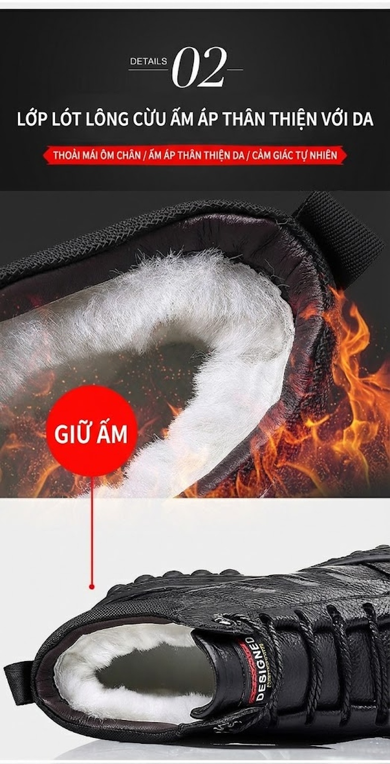 Giày Cao Cổ Nam Da Thật Lót Lông Cừu Giữ Ấm Chống Trượt Chiều Cao Đế Khoảng 4cm Màu Đen chi tiết 8