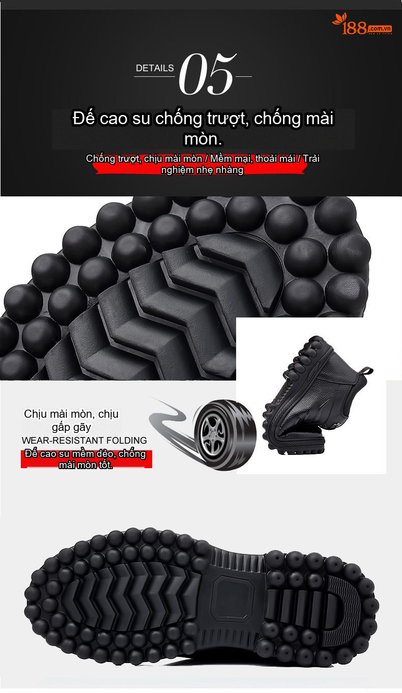 Giày Cao Cổ Nam Da Thật Lót Lông Cừu Giữ Ấm Chống Trượt Chiều Cao Đế Khoảng 4cm Màu Đen chi tiết 11