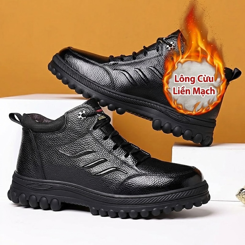 Giày Cao Cổ Nam Da Thật Lót Lông Cừu Giữ Ấm Chống Trượt Chiều Cao Đế Khoảng 4cm Màu Đen
