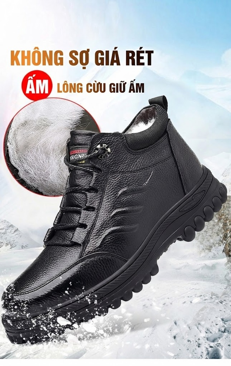 Giày Cao Cổ Nam Da Thật Lót Lông Cừu Giữ Ấm Chống Trượt Chiều Cao Đế Khoảng 4cm Màu Đen chi tiết 1
