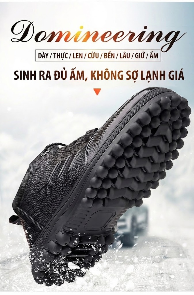 Giày Cao Cổ Nam Da Thật Lót Lông Cừu Giữ Ấm Chống Trượt Chiều Cao Đế Khoảng 4cm Màu Đen chi tiết 2