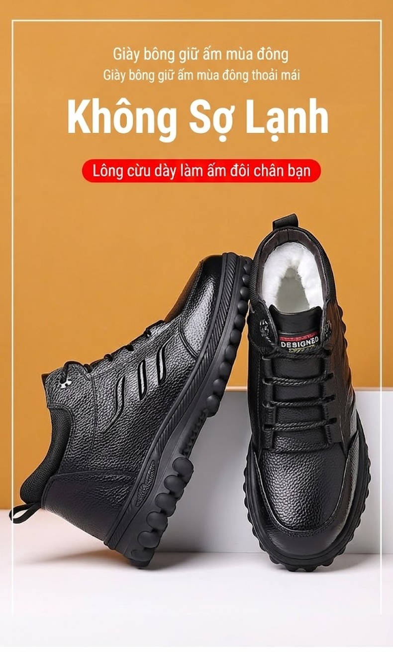 Giày Cao Cổ Nam Da Thật Lót Lông Cừu Giữ Ấm Chống Trượt Chiều Cao Đế Khoảng 4cm Màu Đen chi tiết 4