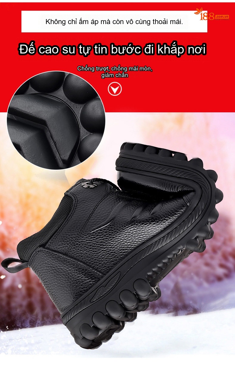 Giày Cao Cổ Nam Da Thật Lót Lông Cừu Giữ Ấm Chống Trượt Chiều Cao Đế Khoảng 4cm Màu Đen chi tiết 6