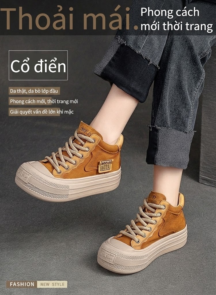 Giày Cao Cổ Nữ Da Bò Buộc Dây Đế Dày Chiều Cao Đế Khoảng 5cm Phong Cách Retro Màu Nâu, Đỏ chi tiết 1