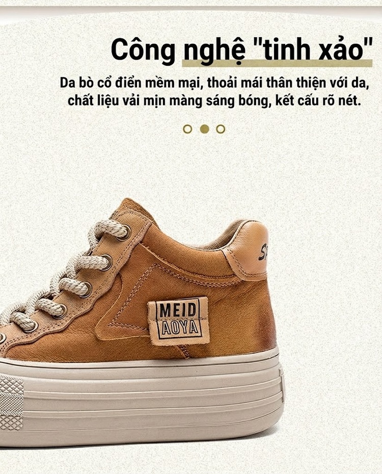 Giày Cao Cổ Nữ Da Bò Buộc Dây Đế Dày Chiều Cao Đế Khoảng 5cm Phong Cách Retro Màu Nâu, Đỏ chi tiết 2
