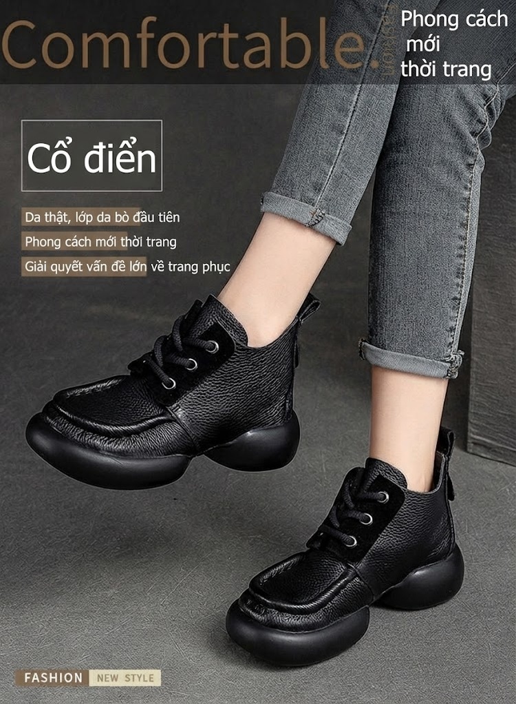 Giày Cao Cổ Nữ Da Bò Buộc Dây Phong Cách Anh Quốc Chiều Cao Đế Khoảng 5cm Màu Đen, Nâu chi tiết 2