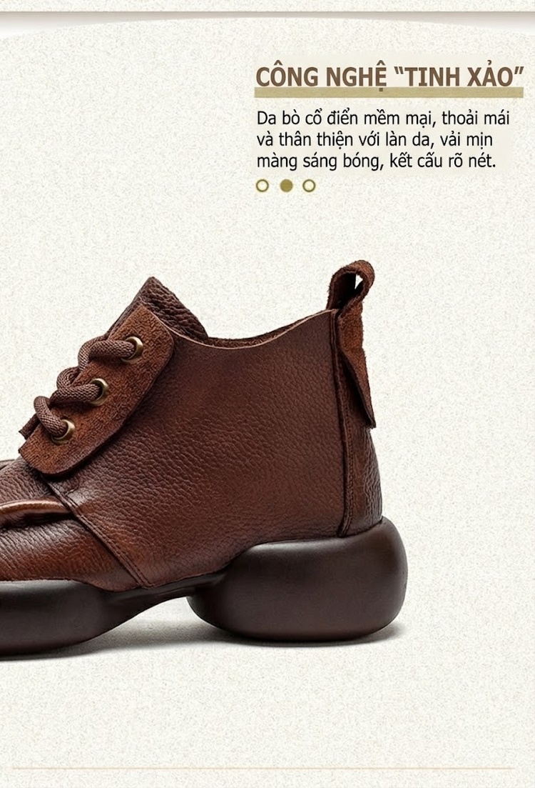 Giày Cao Cổ Nữ Da Bò Buộc Dây Phong Cách Anh Quốc Chiều Cao Đế Khoảng 5cm Màu Đen, Nâu chi tiết 3