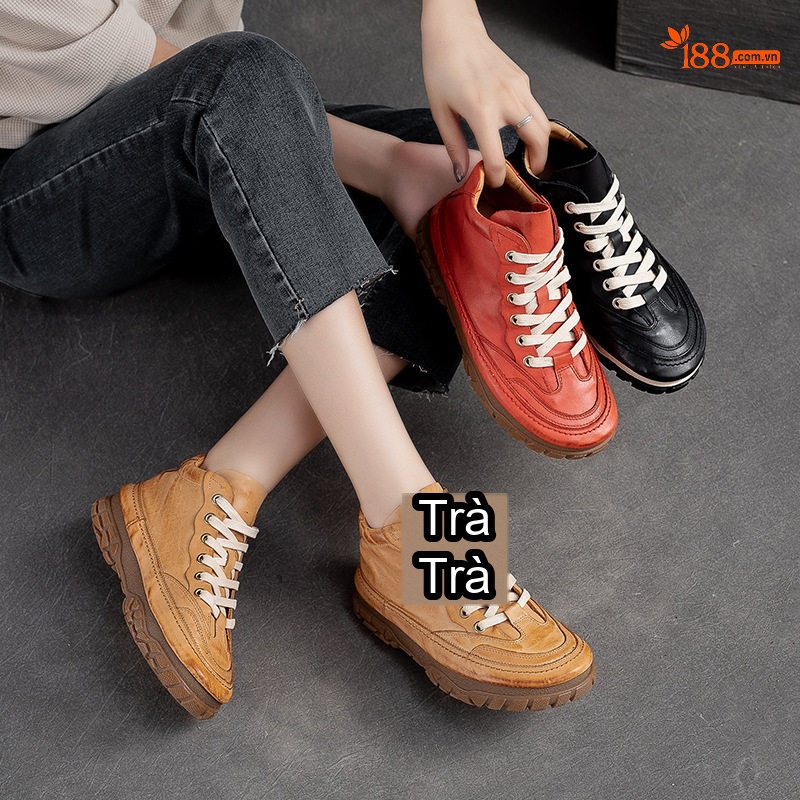 Giày Cao Cổ Nữ Da Bò Buộc Dây Phong Cách Vintage Chiều Cao Đế Khoảng 3cm Màu Nâu, Đen, Đỏ