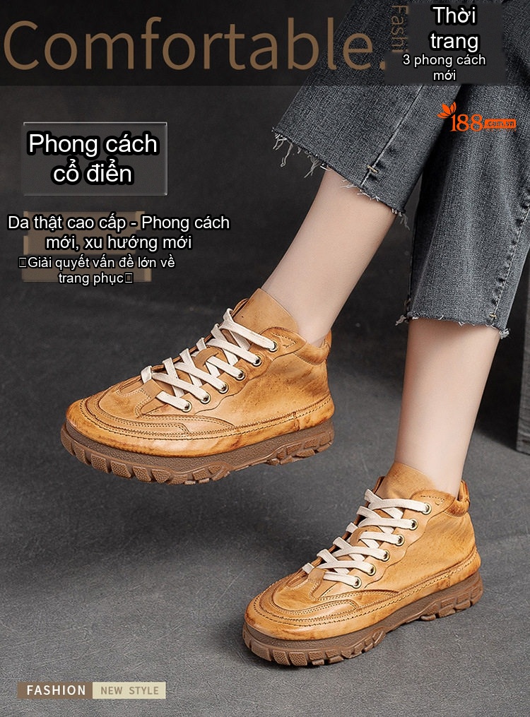 Giày Cao Cổ Nữ Da Bò Buộc Dây Phong Cách Vintage Chiều Cao Đế Khoảng 3cm Màu Nâu, Đen, Đỏ chi tiết 2
