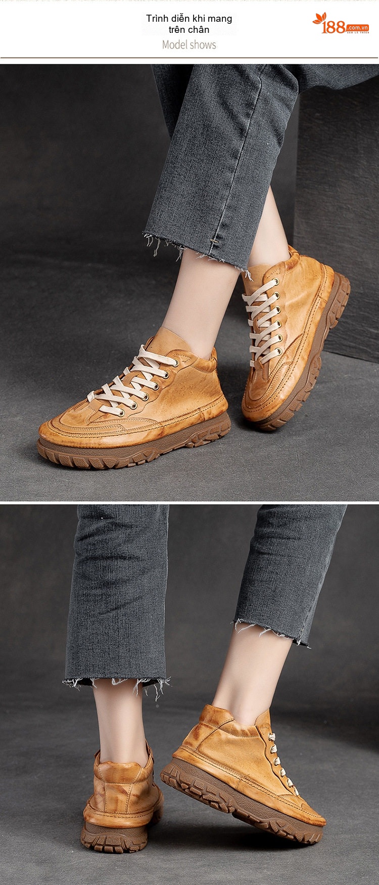 Giày Cao Cổ Nữ Da Bò Buộc Dây Phong Cách Vintage Chiều Cao Đế Khoảng 3cm Màu Nâu, Đen, Đỏ chi tiết 8