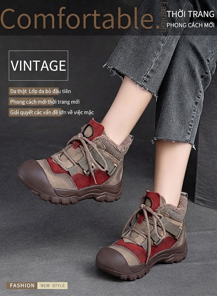 Giày Cao Cổ Nữ Da Bò Lót Lông Giữ Ấm Buộc Dây Đế Dày Chiều Cao Đế Khoảng 4cm Màu Nâu, Đỏ, Xanh... chi tiết 1