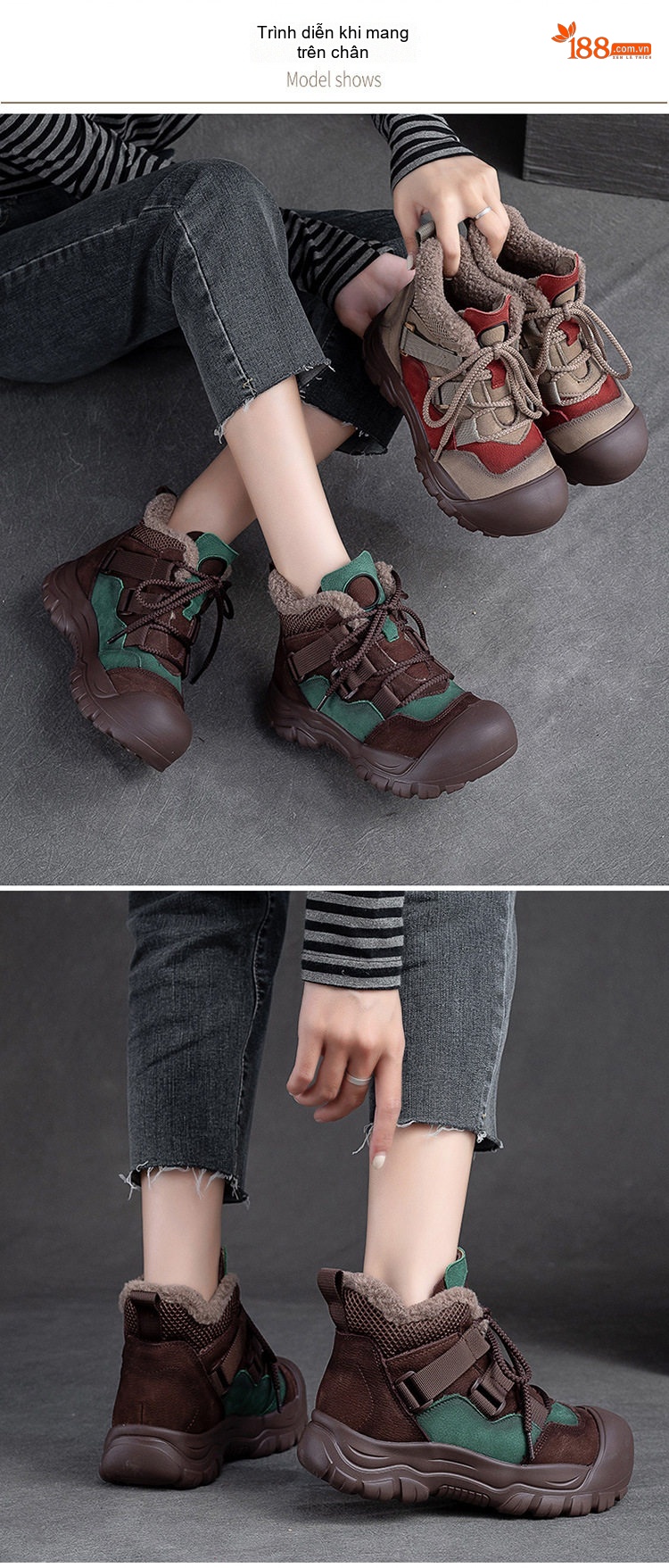 Giày Cao Cổ Nữ Da Bò Lót Lông Giữ Ấm Buộc Dây Đế Dày Chiều Cao Đế Khoảng 4cm Màu Nâu, Đỏ, Xanh... chi tiết 6