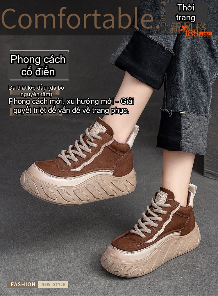 Giày Cao Cổ Nữ Da Bò Mờ Buộc Dây Phong Cách Retro Chiều Cao Đế Khoảng 5cm Màu Nâu chi tiết 1
