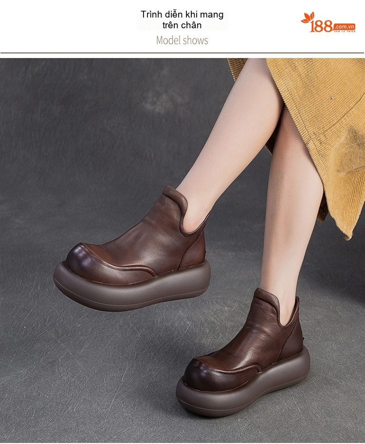 Giày Cao Cổ Nữ Da Bò Tăng Chiều Cao Đế Khoảng 5cm Phong Cách Retro Màu Đen, Nâu chi tiết 6