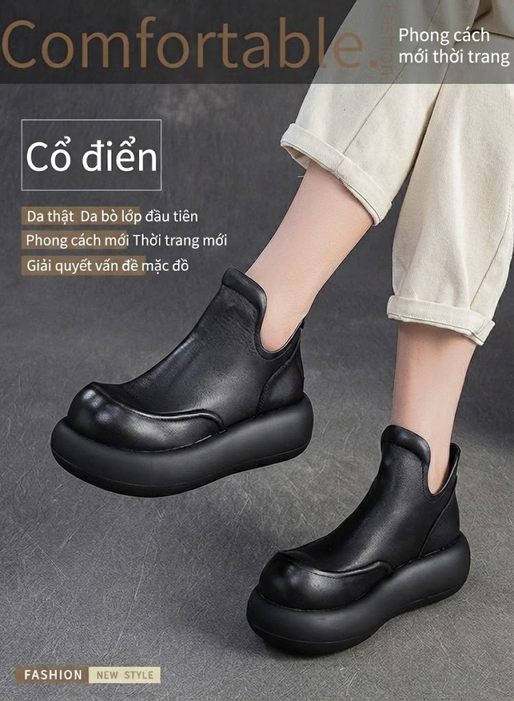 Giày Cao Cổ Nữ Da Bò Tăng Chiều Cao Đế Khoảng 5cm Phong Cách Retro Màu Đen, Nâu chi tiết 1