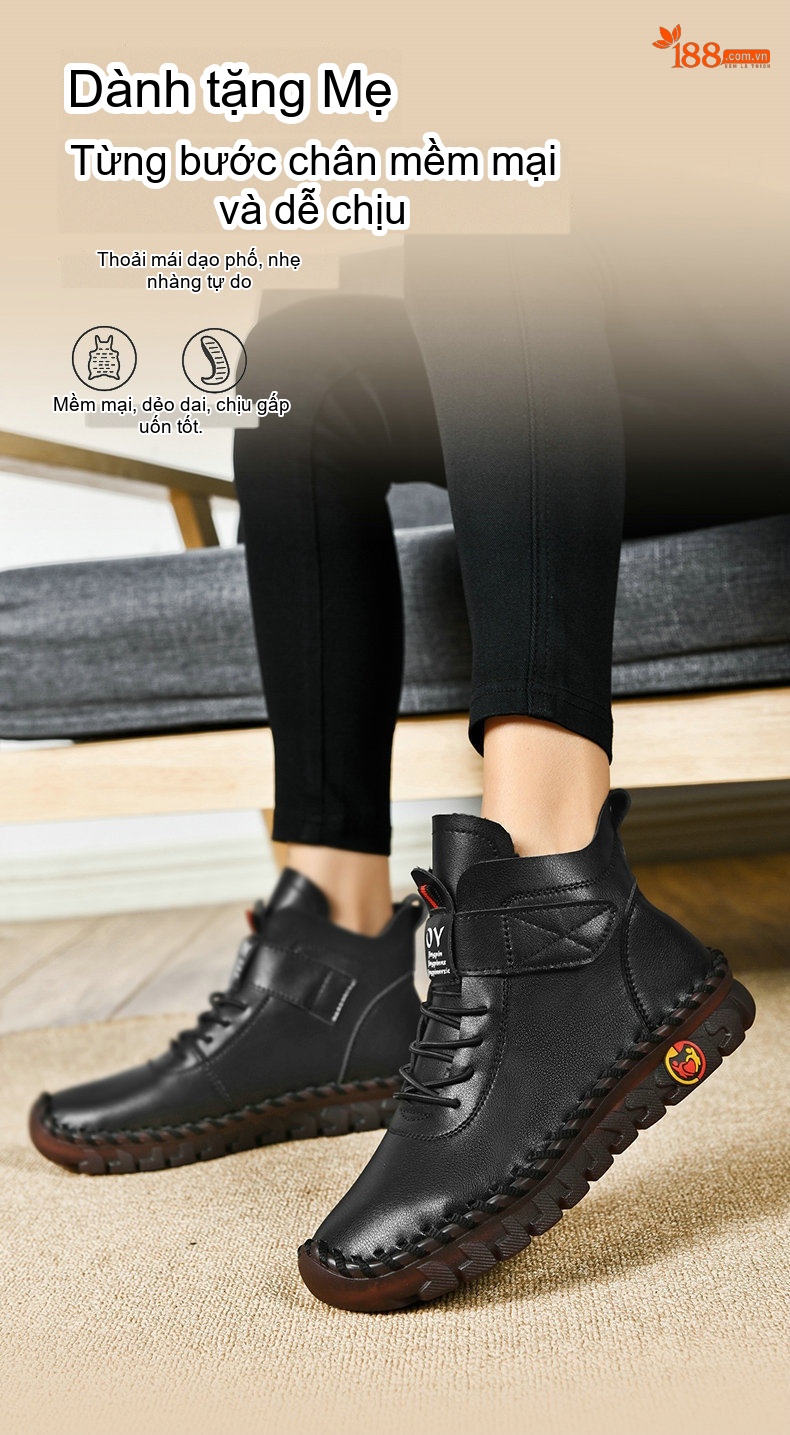 Giày Cao Cổ Nữ Da Bóng Lót Lông Giữ Ấm Chiều Cao Đế Khoảng 3cm Màu Kem, Đen, Đỏ, Nâu... chi tiết 3
