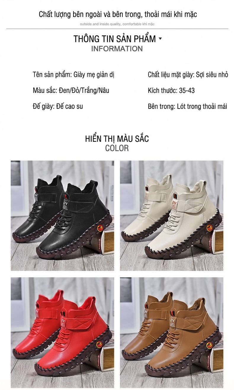 Giày Cao Cổ Nữ Da Bóng Lót Lông Giữ Ấm Chiều Cao Đế Khoảng 3cm Màu Kem, Đen, Đỏ, Nâu... chi tiết 9