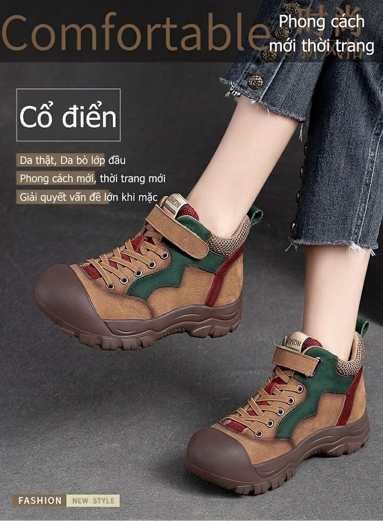 Giày Cao Cổ Nữ Da Heo Khoá Dán Thời Trang Chiều Cao Đế Khoảng 4cm Màu Nâu, Xanh Lá, Đỏ chi tiết 2