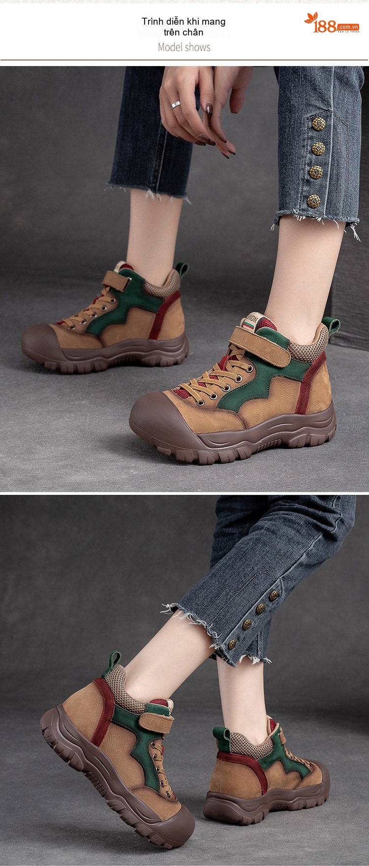 Giày Cao Cổ Nữ Da Heo Khoá Dán Thời Trang Chiều Cao Đế Khoảng 4cm Màu Nâu, Xanh Lá, Đỏ chi tiết 7