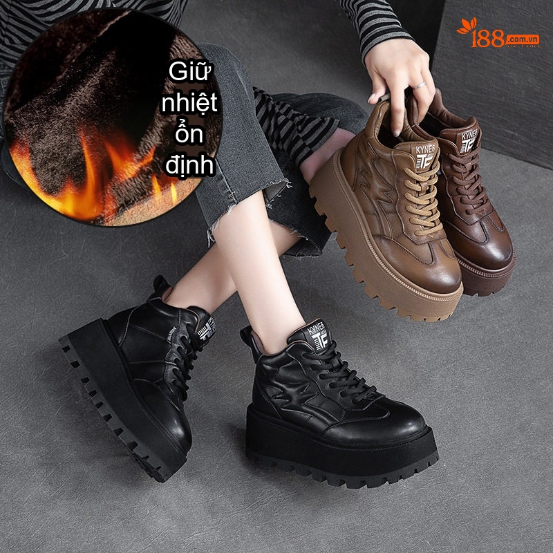Giày Cao Cổ Nữ Dây Buộc Đế Dày Lót Lông Giữ Ấm Chiều Cao Đế Khoảng 5cm Màu Đen, Nâu
