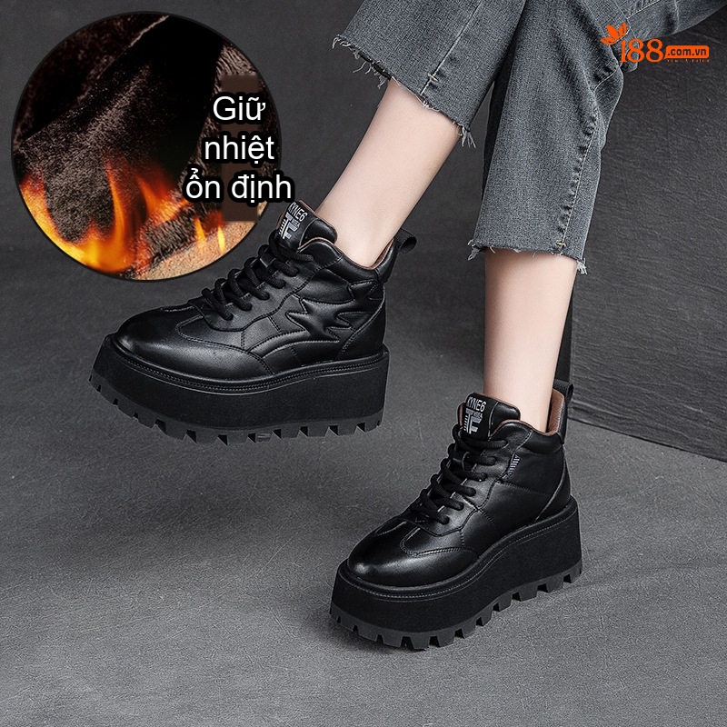 Giày Cao Cổ Nữ Dây Buộc Đế Dày Lót Lông Giữ Ấm Chiều Cao Đế Khoảng 5cm Màu Đen, Nâu