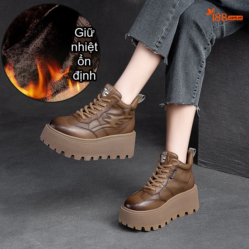 Giày Cao Cổ Nữ Dây Buộc Đế Dày Lót Lông Giữ Ấm Chiều Cao Đế Khoảng 5cm Màu Đen, Nâu