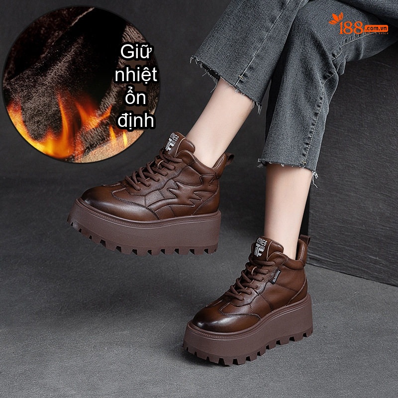 Giày Cao Cổ Nữ Dây Buộc Đế Dày Lót Lông Giữ Ấm Chiều Cao Đế Khoảng 5cm Màu Đen, Nâu