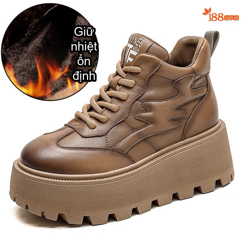 Giày Cao Cổ Nữ Dây Buộc Đế Dày Lót Lông Giữ Ấm Chiều Cao Đế Khoảng 5cm Màu Đen, Nâu