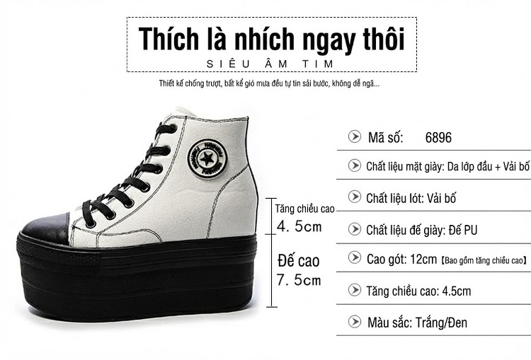 Giày Cao Cổ Nữ Đế Bánh Mì Chiều Cao Đế 12cm Da Thật Lớp Vải Bố Màu Đen, Trắng chi tiết 6