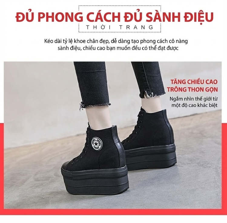 Giày Cao Cổ Nữ Đế Bánh Mì Chiều Cao Đế 12cm Da Thật Lớp Vải Bố Màu Đen, Trắng chi tiết 2