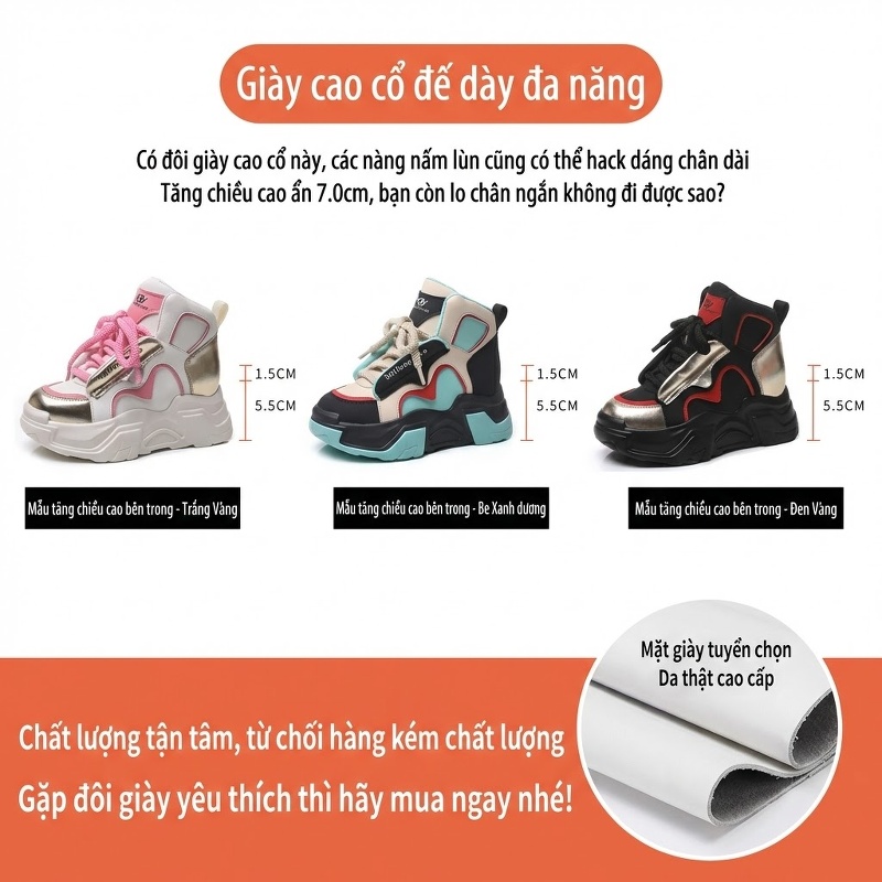 Giày Cao Cổ Nữ Đế Dày Chiều Cao Đế 7cm Phong Cách Ulzzang Màu Trắng, Hồng, Đen, Xanh...