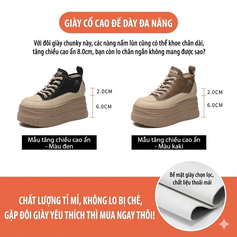 Giày Cao Cổ Nữ Đế Dày Chiều Cao Đế 8cm Phong Cách Thể Thao Màu Đen, Nâu