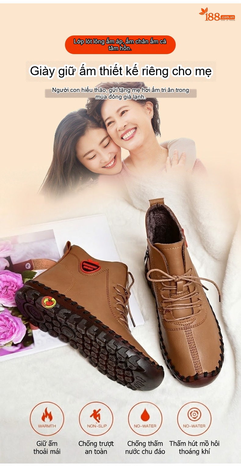 Giày Cao Cổ Nữ Khâu Tay Thủ Công Lót Lông Đi Mềm Chống Trượt Chiều Cao Đế Khoảng 3cm Màu Kem, Đen, Nâu, Đỏ chi tiết 3