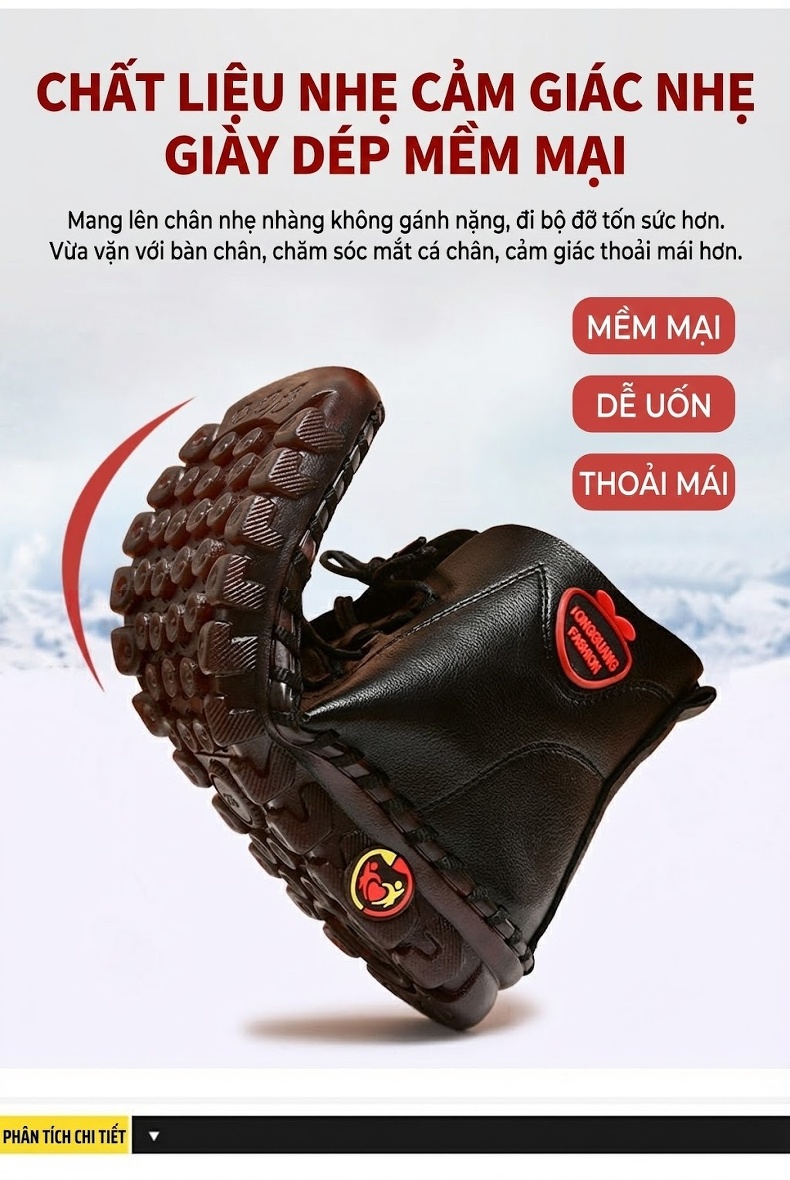 Giày Cao Cổ Nữ Khâu Tay Thủ Công Lót Lông Đi Mềm Chống Trượt Chiều Cao Đế Khoảng 3cm Màu Kem, Đen, Nâu, Đỏ chi tiết 6