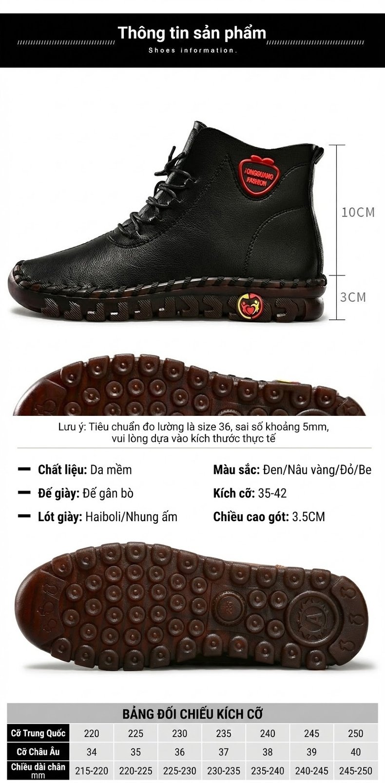 Giày Cao Cổ Nữ Khâu Tay Thủ Công Lót Lông Đi Mềm Chống Trượt Chiều Cao Đế Khoảng 3cm Màu Kem, Đen, Nâu, Đỏ chi tiết 21